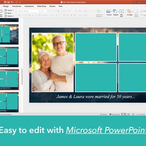 May include: A PowerPoint slide with a blue background and a photo of an older couple. The slide is divided into four sections, each with a teal-colored placeholder. The text "James & Laura were married for 50 years..." is at the bottom of the slide.