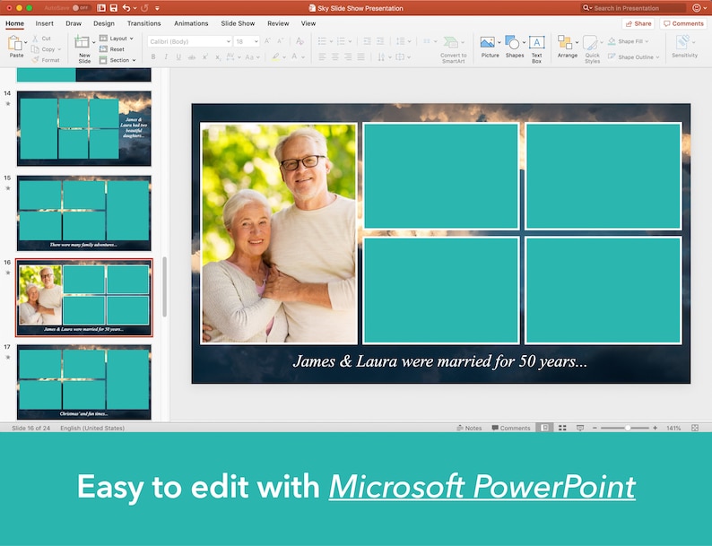 May include: A PowerPoint slide with a blue background and a photo of an older couple. The slide is divided into four sections, each with a teal-colored placeholder. The text "James & Laura were married for 50 years..." is at the bottom of the slide.