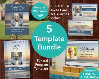 Funeral Template Bundle - Funeral Program Template, Funeral Welcome Sign, Funeral Thank You & Invite, Funeral Slideshow included | 0002