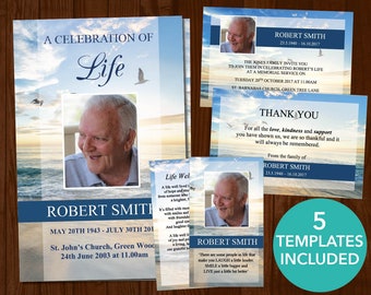 Beach Funeral Program Template plus matching Funeral Invitation Card. Thank You Card, Prayer Card and Program Sign | 0036