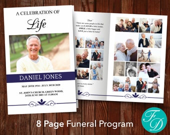 Classic Blue Funeral Program Template | Blue Celebration of Life Program | 8 Page Obituary Template | Classic 8 Page Memorial Program | 0249