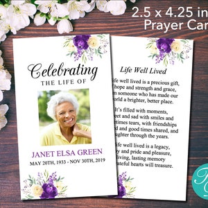 Funeral Prayer Card with Purple & Cream Flowers | Funeral Template | Funeral Favor | Funeral Keepsake | Funeral Card | Memorial Card | 0298