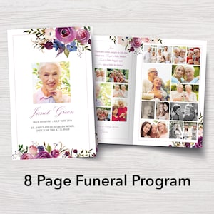 Rose Funeral Program Template with 8 Pages, Purple Bifold Funeral Brochure, 8 Page Memorial Booklet, Elegant Obituary Booklet Template, 0136