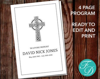 Funeral program template, order of service, memorial program, memorial service (Catholic Cross)