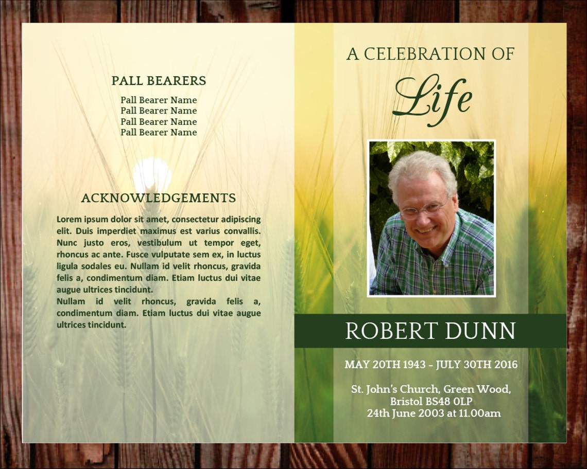 Green Funeral Program Template For Men Outdoors Memorial Etsy España