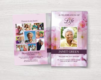 Modèle de programme de funérailles pour femme | Programme funéraire rose | Perte d'un être cher | Brochure funéraire | Notice nécrologique | Circulaire commémoratif | 0150