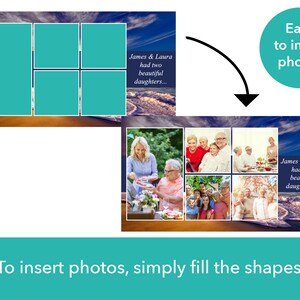 May include: A collage template with a blue sky and ocean background. The template has six empty spaces for photos, with the text "James & Laura had two beautiful daughters..." at the bottom.