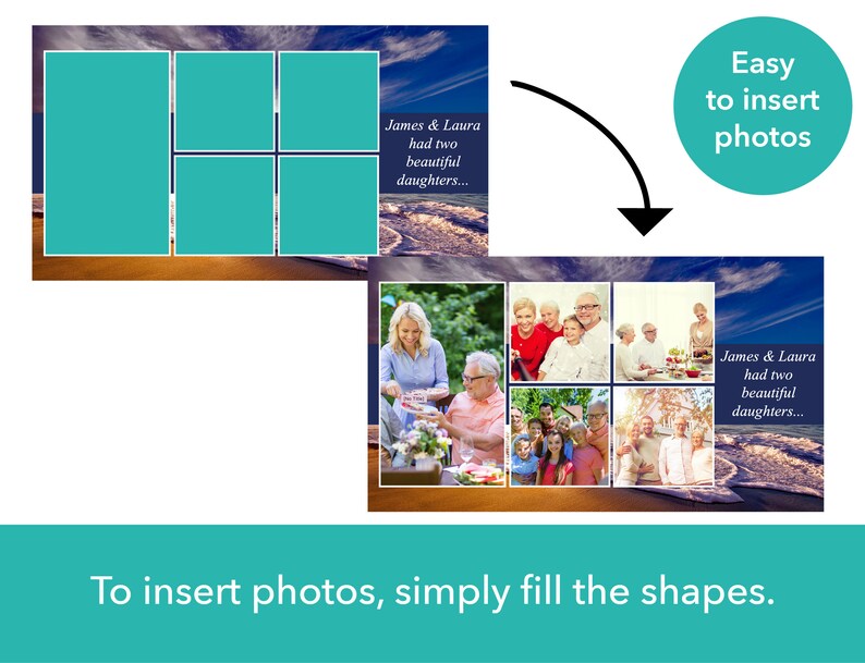May include: A collage template with a blue sky and ocean background. The template has six empty spaces for photos, with the text "James & Laura had two beautiful daughters..." at the bottom.
