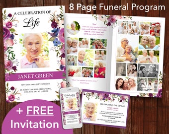 8 Page Funeral Program Template for Woman + FREE Memorial Evite | 8 Page Obituary Template For Women with Funeral Announcement Card | 0136
