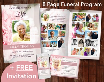 8 Page Funeral Program Template for Woman + FREE Funeral Invitation | Obituary Template for Women | 8 Page Pink Funeral Program | 0112