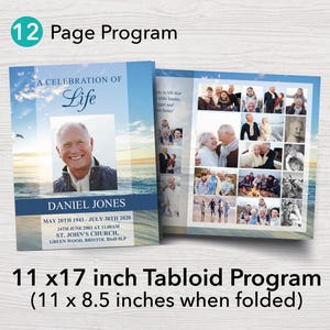 May include: A blue and white funeral programme with a photo of a man and the text "A Celebration of Life" and "Daniel Jones". The programme is 11 x 17 inches and folds to 11 x 8.5 inches.