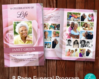 8 Page Funeral Program Template with Pink Roses | 8 Page Obituary Program | Pink Rose Celebration of Life | Memorial Programs | 0199