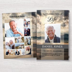 May include: A memorial service booklet featuring a photo montage of a man and his family. The booklet has a cloudy sky background with the text "A Celebration of Life" and "Daniel Jones". The booklet also includes the dates "May 20th 1934 - July 30th 2028" and the location and time of the service.