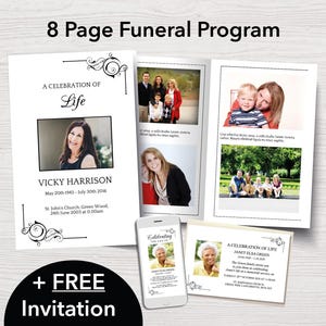 8 Page Funeral Program Template for Woman + FREE Funeral Invitation | Classic Obituary Template for Women | 8 Page Funeral Program | 0262