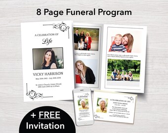 8 Page Funeral Program Template for Woman + FREE Funeral Invitation | Classic Obituary Template for Women | 8 Page Funeral Program | 0262