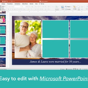 May include: A PowerPoint slide with a blue background and a photo of an older couple in the center. The slide is divided into four sections with a turquoise background. The text "James & Laura were married for 50 years..." is at the bottom of the slide. The text "Easy to edit with Microsoft PowerPoint" is at the bottom of the image.