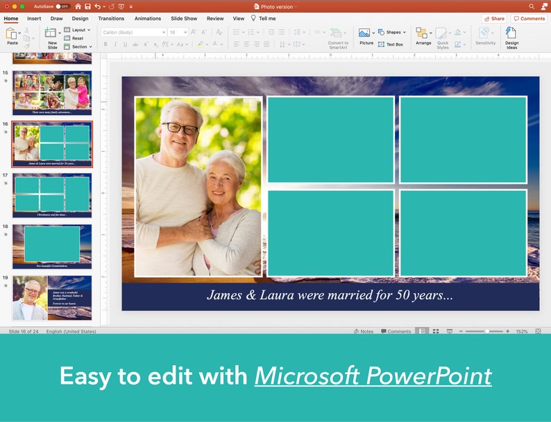 May include: A PowerPoint slide with a blue background and a photo of an older couple in the center. The slide is divided into four sections with a turquoise background. The text "James & Laura were married for 50 years..." is at the bottom of the slide. The text "Easy to edit with Microsoft PowerPoint" is at the bottom of the image.