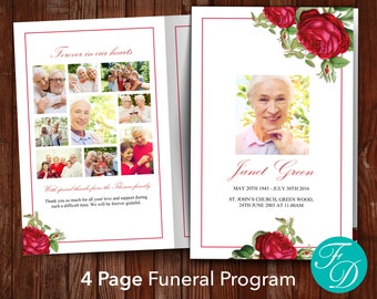 Red Roses Funeral Program Template | Celebration of Life Program | Memorial Program | Funeral Program Roses | Red Roses Obituary Template