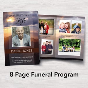 Könnte beinhalten: Ein 8-seitiges Trauerprogramm mit einem Foto eines Mannes auf dem Cover. Das Programm hat ein blaues und braunes Farbschema und enthält den Text "A Celebration of Life" und "Daniel Jones".