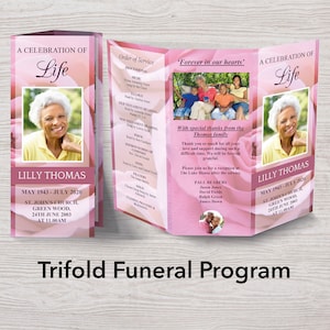 Trifold Funeral Program Template for Women with Pink Roses | Trifold Obituary Template | Celebration of Life | Memorial Programs | 0199
