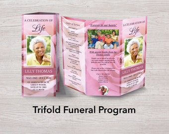 Trifold Funeral Program Template for Women with Pink Roses | Trifold Obituary Template | Celebration of Life | Memorial Programs | 0199