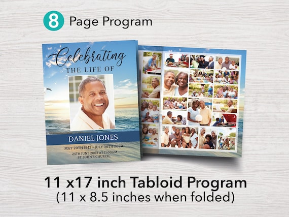 8 Page Tabloid Funeral Program Template for Men | 8 Page Obituary | 11 x 17 inch Program | Bifold: 11 x 8.5 inch | Memorial Programs | 0036
