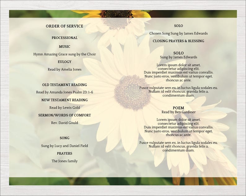 Sunflower Funeral Program Template 8 Page Order of Service 8 Page Sunflower Memorial Program Memorial Service Celebration of Life image 4