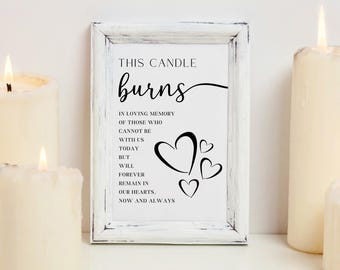 Puede incluir: Un cartel enmarcado en blanco con texto negro que dice "Esta vela arde en memoria cariñosa de aquellos que no pueden estar con nosotros hoy, pero que permanecerán para siempre en nuestros corazones. Ahora y siempre." El cartel presenta una serie de corazones negros.