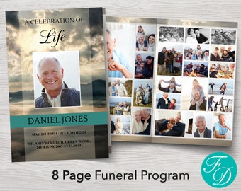 8 Page Funeral Program Template for Man | Sky Funeral Program | Celebration of Life | Obituary Template and Funeral Order of Service | 0030