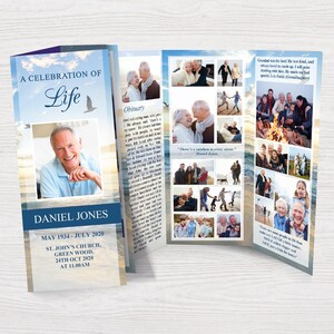 May include: A folded tri-fold funeral program with a blue and white color scheme. The front cover features a photo of a man with a blue sky and white clouds in the background. The text "A Celebration of Life" is at the top of the page. The inside pages feature photos of the man and his family and friends. The back cover features a quote from the man. The program includes the man's name, dates of birth and death, and funeral service information.