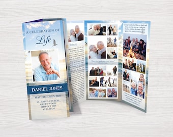 Beach Trifold Funeral Program Template for Men | Trifold Obituary Template | Celebration of Life for Men | Memorial Programs | 0036