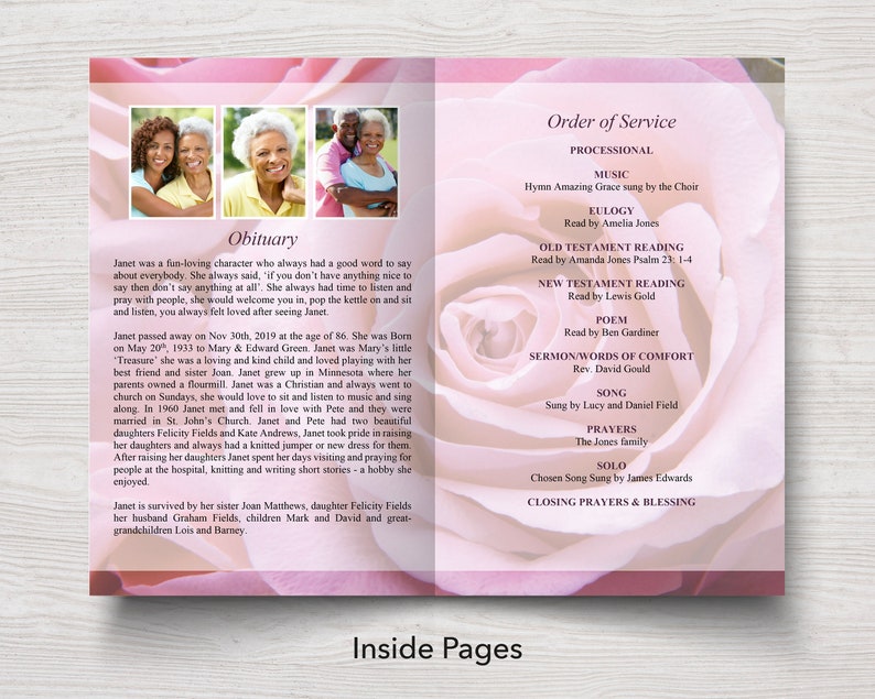 Pink Rose Funeral Program Template Obituary Template Order of Service Memorial Programs Memorial Service Funeral Program 0199 image 3