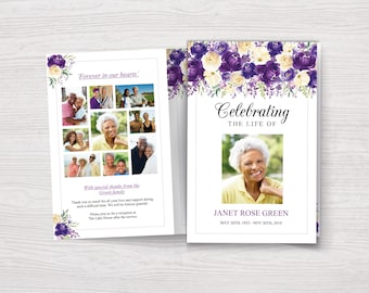 Sjabloon voor begrafenisprogramma met paarse en crèmekleurige bloemen | Celebration of Life-programma | Sjabloon voor overlijdensadvertentie | Herdenkingsprogramma | 0298