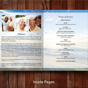 Inside pages of 11 x 17-inch 8 page funeral program template with obituary template and fold down the middle. Left page has space for one or more photos plus the obituary. Right page has more space for a longer obituary, songs, poems or readings.
