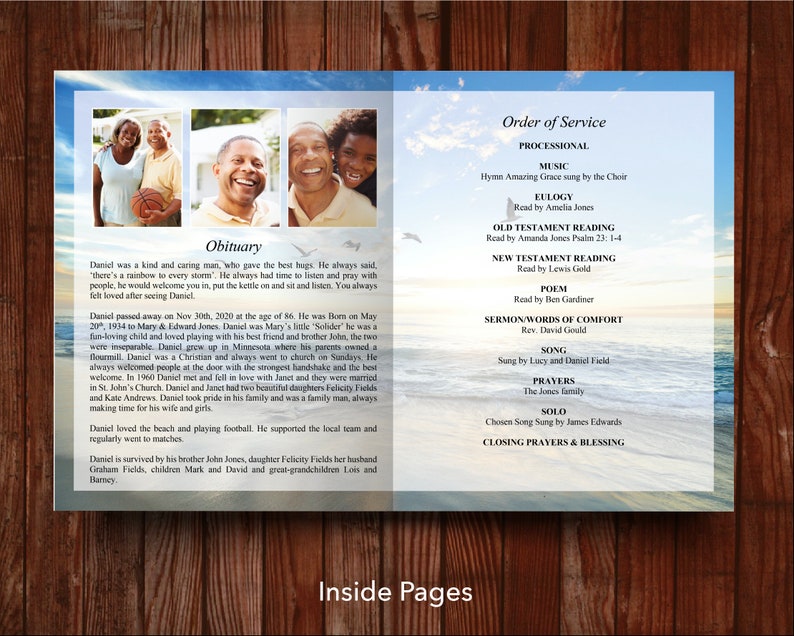 Inside pages of 11 x 17-inch 8 page funeral program template with obituary template and fold down the middle. Left page has space for one or more photos plus the obituary. Right page has more space for a longer obituary, songs, poems or readings.