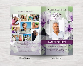 Funeral Program Template - White Flowers | Celebration of life | Memorial Program | Memorial Service | Obituary Template | 0156