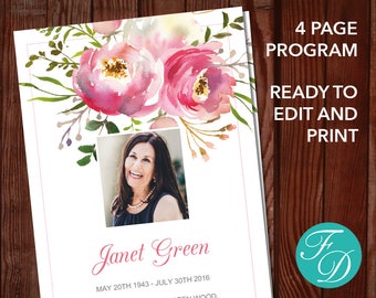 Funeral Program Template | Pink Peonies Celebration of Life Program | Watercolor Memorial Program | Funeral Program Template Word | 0131