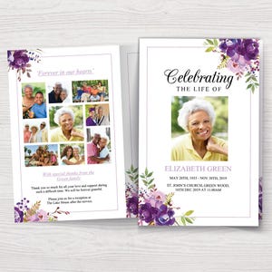 May include: Purple floral funeral order of service with a photo of Elizabeth Green and the text "Celebrating the Life of Elizabeth Green, May 20th, 1933 - Nov 30th, 2019, St. John's Church Green Wood, 10th Dec 2019 at 11:00am".