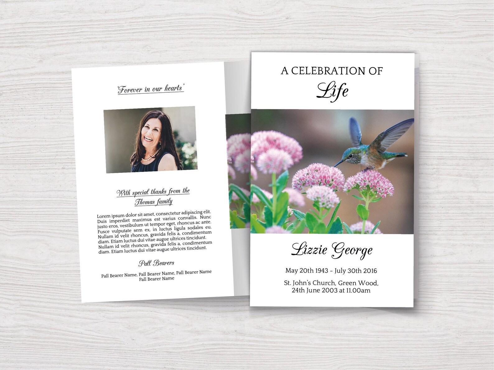 Humming Bird Funeral Program Template | Celebration of Life Program ...