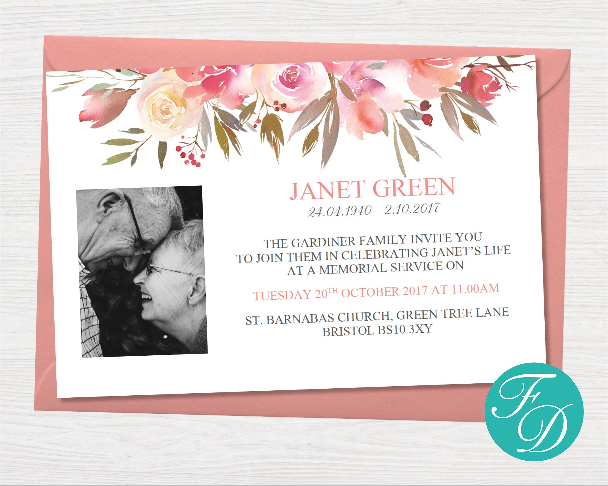Yellow & Pink Funeral Invitation Card Funeral Announcement Etsy UK