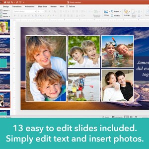 May include: A slideshow template with 13 slides for a memorial service. The template features a blue and white beach scene with waves crashing on the shore. The text "James & Tom did everything together" is displayed on the slide. The template is designed to be easily edited with photos and text.