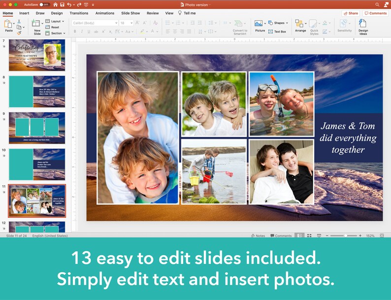 May include: A slideshow template with 13 slides for a memorial service. The template features a blue and white beach scene with waves crashing on the shore. The text "James & Tom did everything together" is displayed on the slide. The template is designed to be easily edited with photos and text.