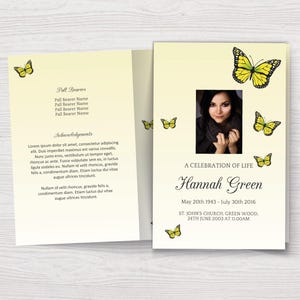 Può includere: Un biglietto commemorativo con la foto di una donna, farfalle e testo. Il biglietto annuncia "A Celebration of Life" per Hannah Green, con le date 20 maggio 1943 - 30 luglio 2016. Include anche il luogo e l'ora della cerimonia.