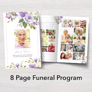 8 Page Funeral Program Template with Purple Flowers | Celebration of Life Program | Purple Funeral Program | Obituary Template | 0094