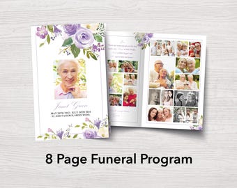 8 Page Funeral Program Template with Purple Flowers | Celebration of Life Program | Purple Funeral Program | Obituary Template | 0094