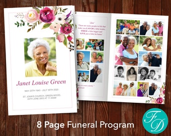 Funeral Program Template with 8 Pages | Celebration of Life Program | Floral Funeral Program | Order of Service | Memorial Program | 0160