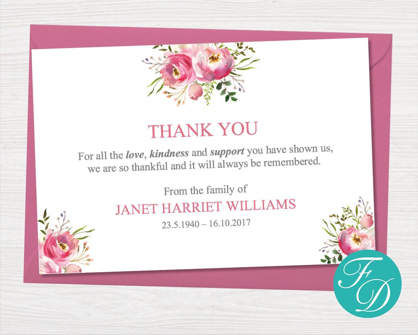 Pink Floral Funeral thank you card Printable Sympathy card ...