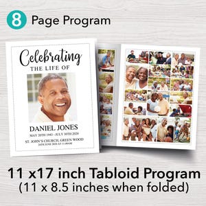 11x17 Funeral Program Template with 8 Pages, Minimalist 8 Page Memorial Program, 8 Page Obituary Booklet, Photo Collage Funeral Flyer | 0239