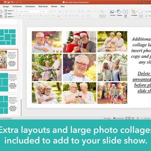 May include: A computer screen displaying a PowerPoint presentation with a photo collage layout. The presentation is titled "Sky Slide Show Presentation" and includes instructions for creating a photo collage and deleting unwanted slides. The text "Extra layouts and large photo collages included to add to your slide show." is displayed at the bottom of the screen.