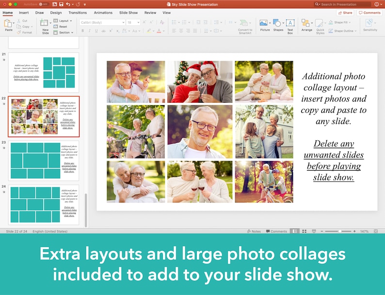 May include: A computer screen displaying a PowerPoint presentation with a photo collage layout. The presentation is titled "Sky Slide Show Presentation" and includes instructions for creating a photo collage and deleting unwanted slides. The text "Extra layouts and large photo collages included to add to your slide show." is displayed at the bottom of the screen.